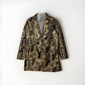 Chicos Metallic Floral Brocade Long Jacket Sz 3 Black Gold Evening Coat NWOT XL
